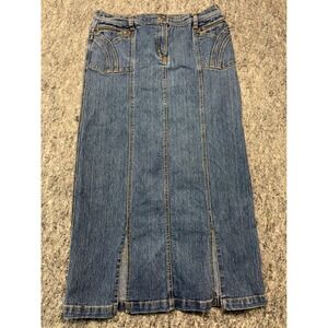 NoFuze Womens Denim Maxi Skirt Blue Medium Wash Zipper Pockets Slit Size L 14 16